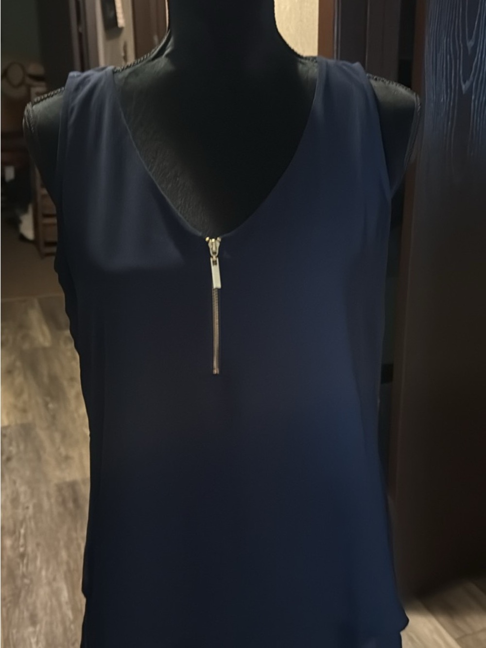 Navy Sleeveless Zip-Front V-Neck Top